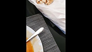 Step mom eats and fuck in restaurant with step son