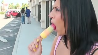 This hot ass bitch sucks a popsicle and a cock before going hardcore