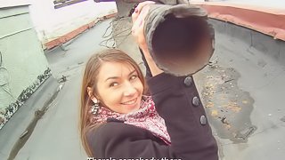 Amateur chick gives a blowjob to a stranger in the street