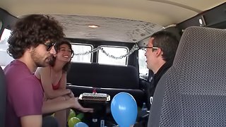 Party in the van with a skinny hairy girl getting fucked