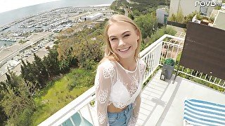 Cute blonde teen Nancy Ace strips and sits on a hard cock