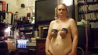BBW submissive mature wife swings by her titties and loves it