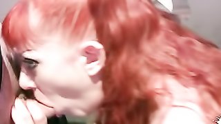 Ponytailed bitch with red hair in sexy lingerie and nylons takes facial after BJ and cockriding