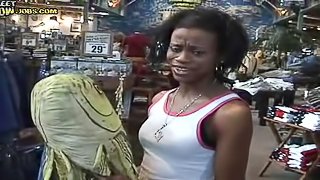 A horny ebony babe sucks a mean cock and gets fucked from behind