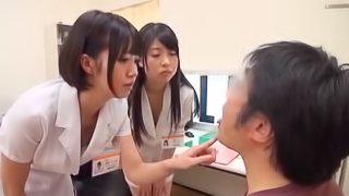 Nerdy guy gets his dong jerked off by horny Asian sluts in the office