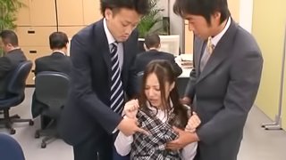 Busty Japanese Office Lady Titty Fucks while Sucking Cock in Threesome