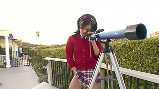 Dainty brunette teen in miniskirt giving blowjob before getting hammered hardcore