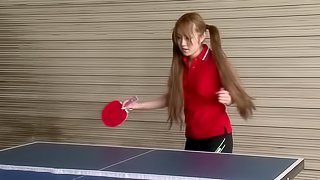 Babe in pigtails sucks guys dick after a game of ping pong