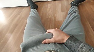 Lying on the floor, in my pajamas, I am playing again with my thick milk and this nice huge fat cock