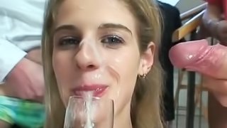 Hot skinny blonde teen in her first wild cum drinking fuck party