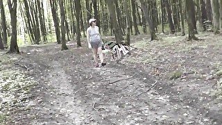 Upskirt no panties . Naked mommy Milf without panties picks mushrooms in forest . Outdoors Outside