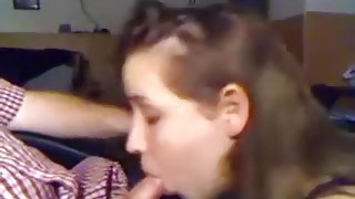 Cute brunette girl closeup deepthroat blowjob with cum swallowing