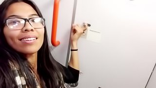 Asian pussy gets wet on airplane toilet