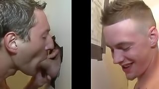 Charming masculine gay being awarded with blowjob through gloryhole