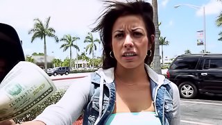 Sizzling brunette Bethany lets a black stud bang her asshole in a car