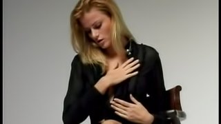 Pantyhose loving blonde gently rubbing her aching clitoris