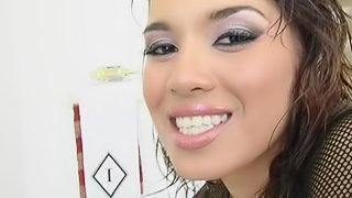 Sweet slut in fishnet gives blowjob and gets facial cumshot in POV