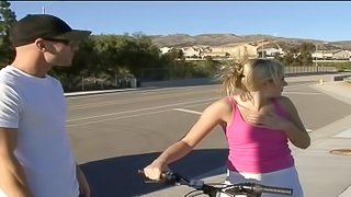 Bike riding blonde flashes some cameltoe then gets fucked