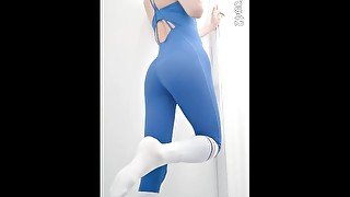 Slender trap teasing in tight one-piece yoga bodysuit and white socks