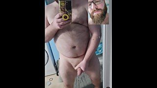 Chubby Nerd Strokes Thick Cock until Cum shoots out in mirror