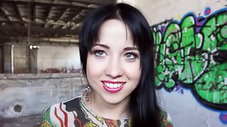 Russian babe with sexy black hair fucks in public