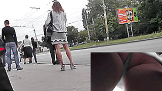 Lonely brunette caught on voyeur upskirt camera