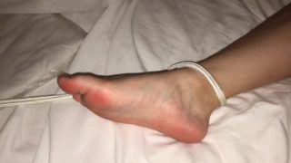Sexy tiny feet tied to bed and fingered 