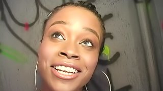Ebony slut with black butt gets facial cumshot after blowjob cock in gloryhole