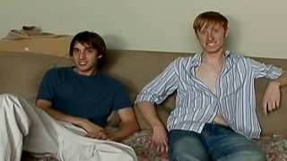 Red-haired gay guy with glasses enjoying a cock suck