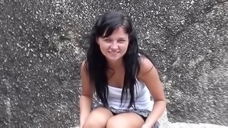 Brunette Russian chick gets fucked outdoors and gets her face covered with cum