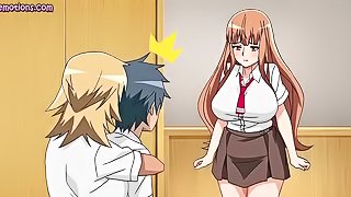 Big meloned anime babe licking fat cock and riding