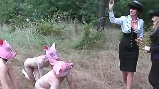 Mistresses humiliate and abuse guys outdoors