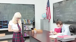 Platinum blonde teen takes teacher dick into her slutty pussy