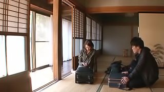 Mio Takahashi sucks a dick on the patio and gets cum on her palms