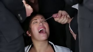 That's a lot of cum for one Asian chic but she takes it all in this gangbang tape