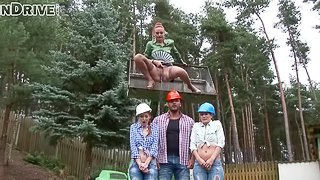 Construction worker and three hot sluts fuck in the backyard
