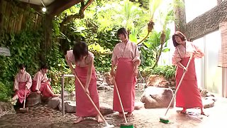 A few sensual Japanese women share a boner in outdoor scene