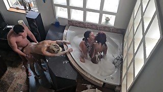 1 Lucky cock making turns to FUCK 3 sluts after they SUCKED him off in a bubble BATH
