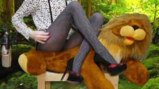 ASMR a girl next to a lion is sensual scratching her Black Pantyhose