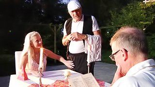 Romantic dinner with a teen and an old man ends in great sex