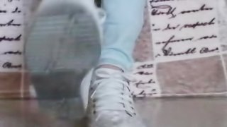 Mistress Shows off Her White Dirty Sneakers Fetish Slave