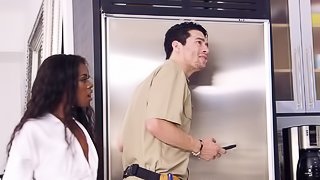 A black girl is getting fucked by a white plumber in her wet pussy