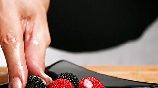 Handjob + cum on candy berries! (Cum on food 3)