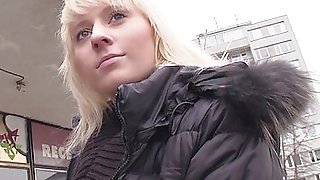 Horny blonde babe is picked up on the street and fucked in a public resroom