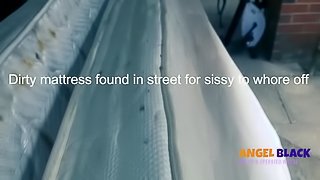 Mistress finds a dirty piss soaked mattress on the street for sissy