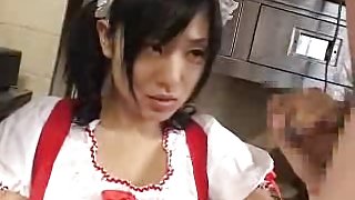 Cute Oriental waitress giving the boss a oral stimulation