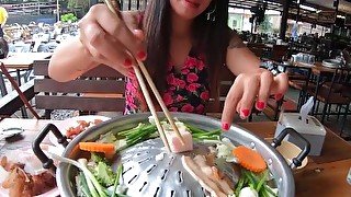 Busty Thai girlfriend sucks and rides her boyfriends big cock after dinner