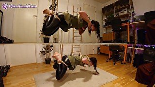 Shibari & Petplay fun! Part 2 Girl in suspension w crotch rope is gagged & pleasing her master!