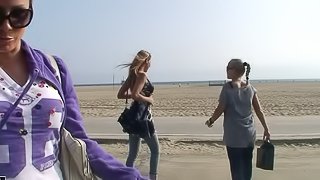 Porn stars walking on the beach and in a mall