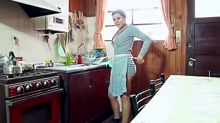 Amber strips in the kitchen and masturbates alone